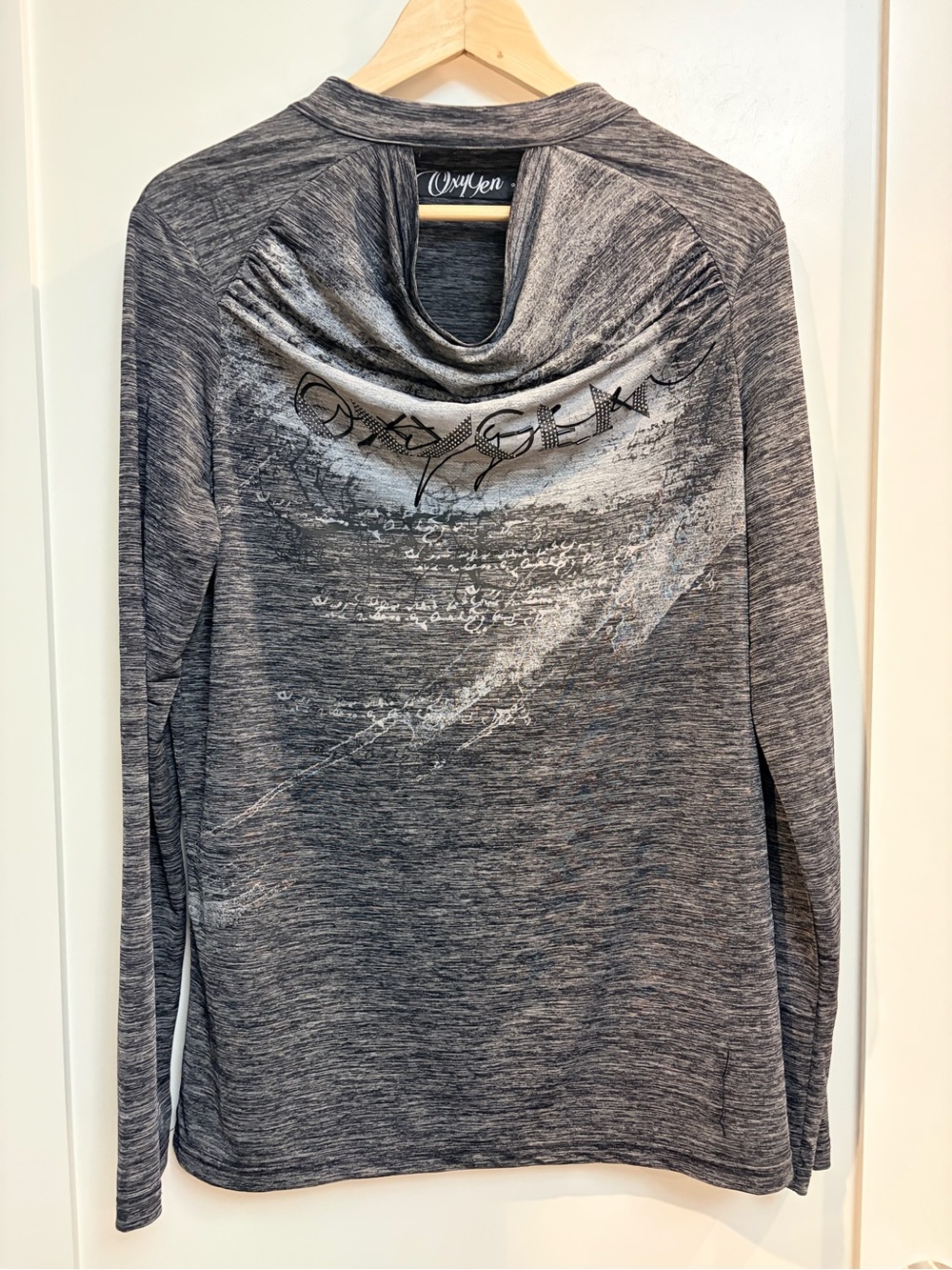 OxyGen Grey Embellished Cowl Neck Long Sleeve Graphic Top